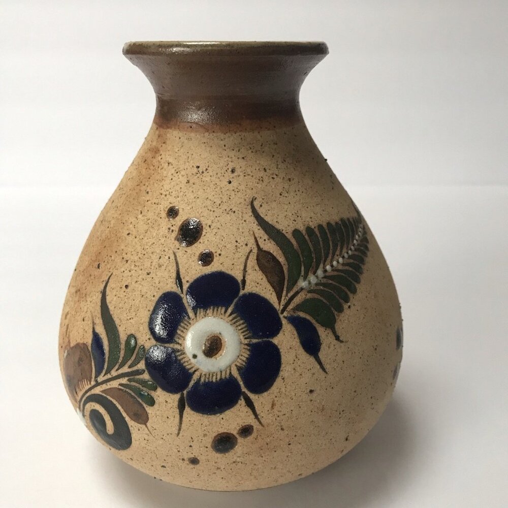 Mexican Pottery Vase Hand Painted Sandstone Folk Art Flower Mexico Vintage Decor